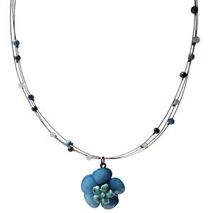 Vintage Blue Floral Pendant Black Glass Beaded Multi Strand Wire Necklace Women